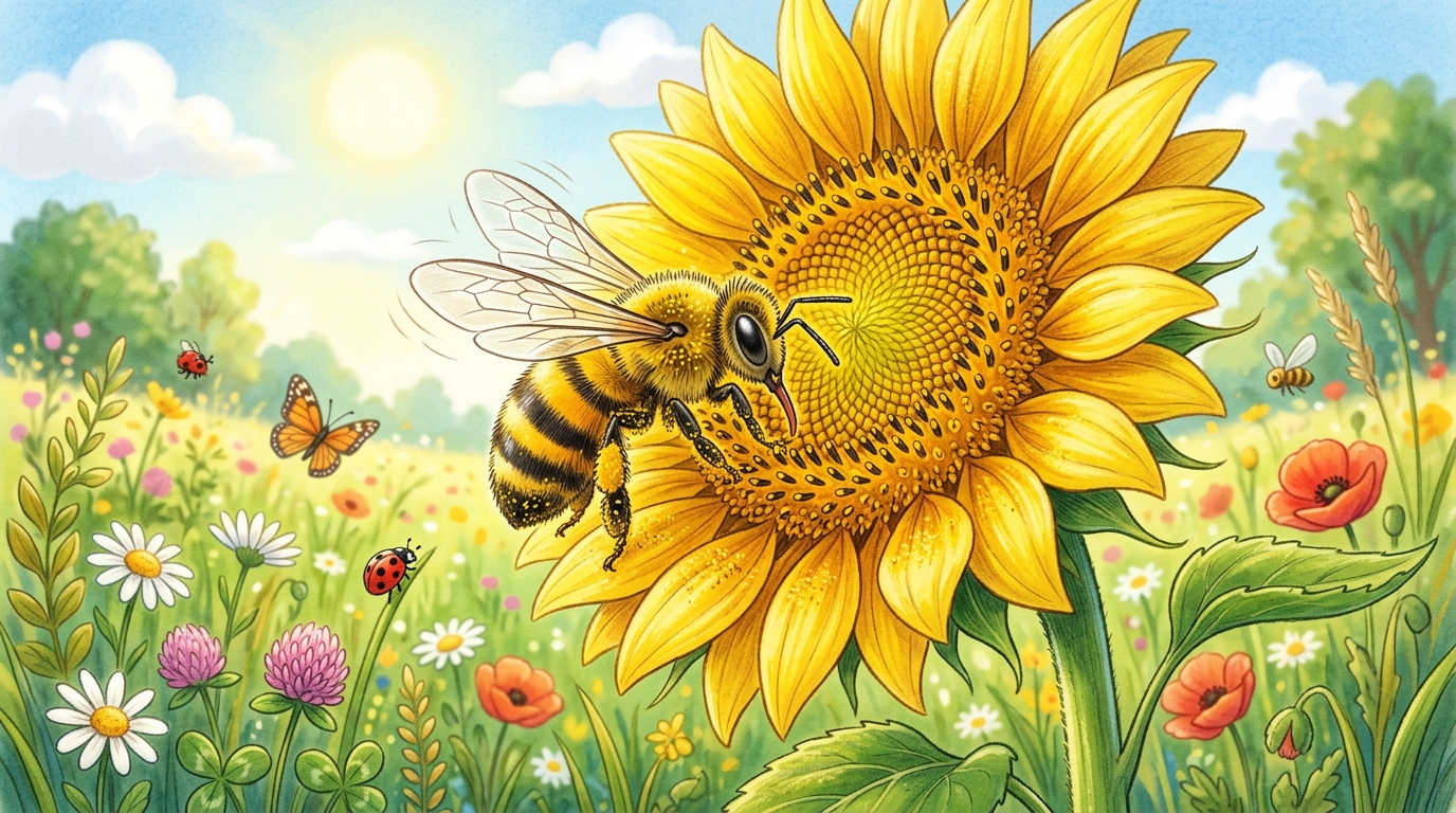 A worker honeybee collecting nectar and transferring pollen grains on a sunflower blossom.