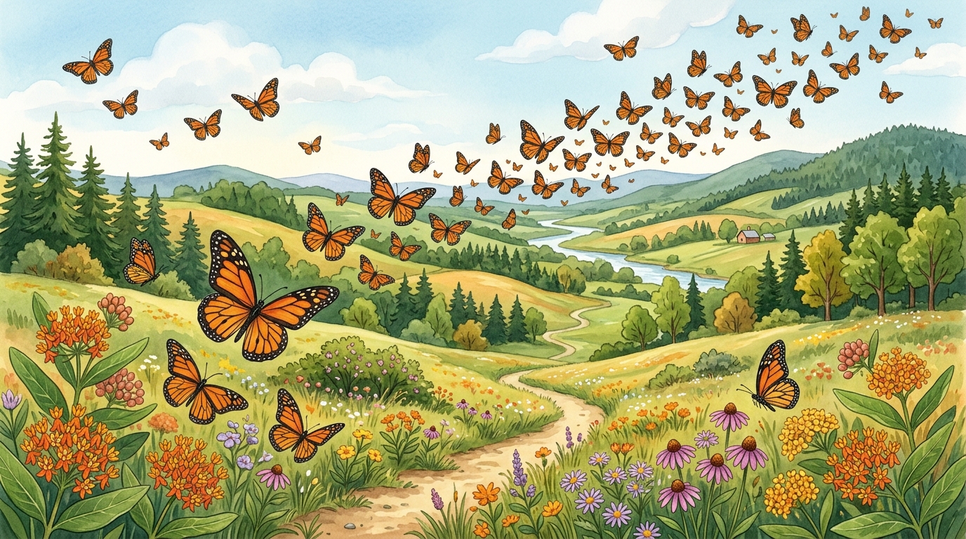 Monarch butterflies navigating across mountains and wildflowers on their multi-thousand-mile migration route.
