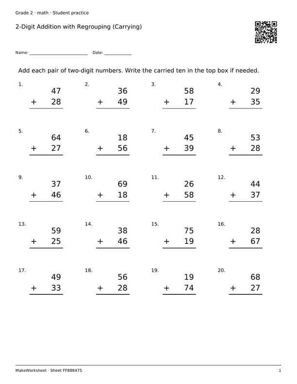 2-Digit Addition with Regrouping (Carrying): first student practice page