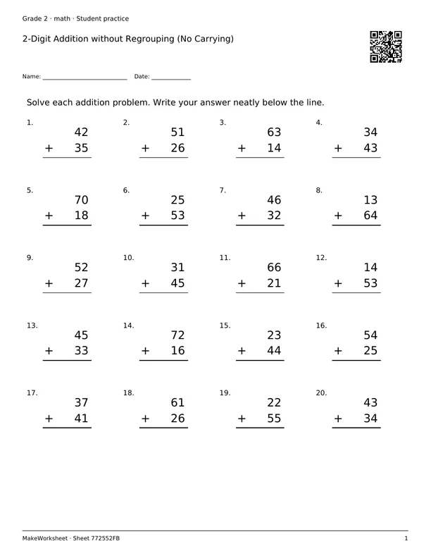 2-Digit Addition without Regrouping (No Carrying): first student practice page