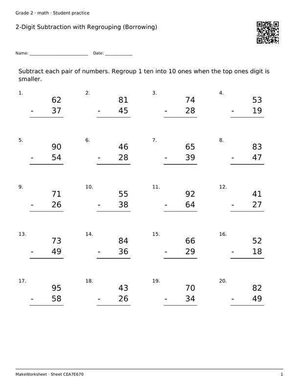 2-Digit Subtraction with Regrouping (Borrowing): first student practice page