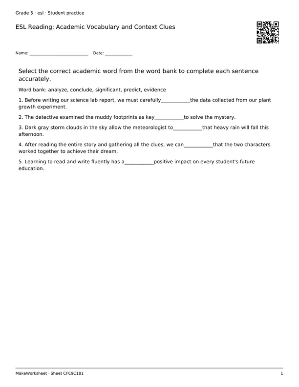 ESL Reading: Academic Vocabulary and Context Clues: first student practice page
