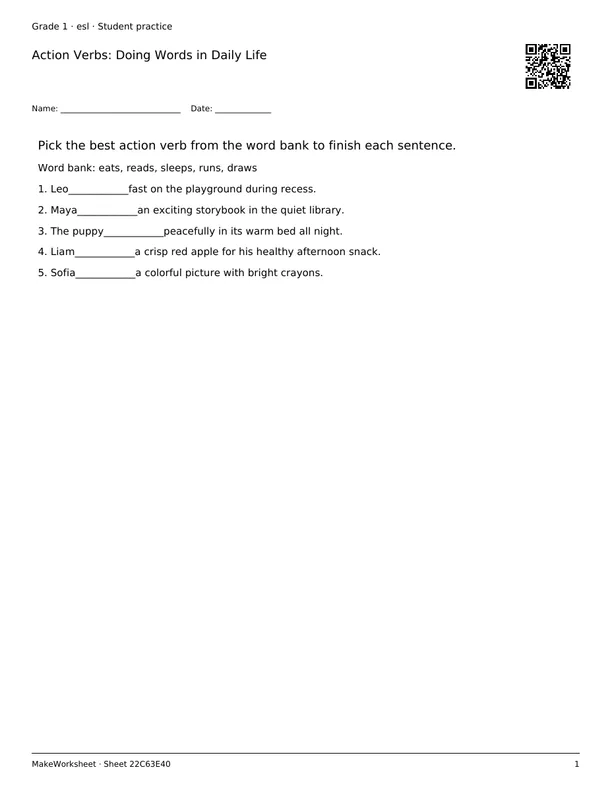 Action Verbs: Doing Words in Daily Life: first student practice page