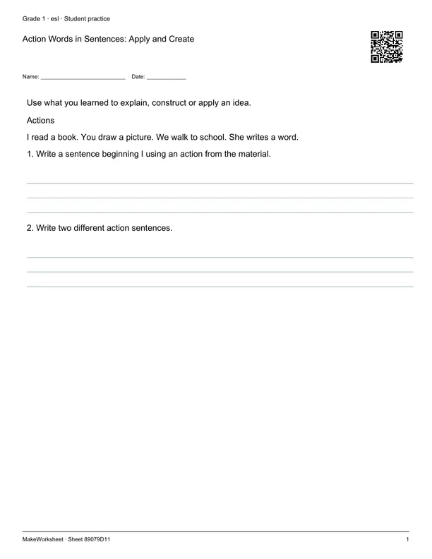 Action Words in Sentences: Apply and Create: first student practice page