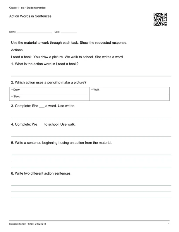 Action Words in Sentences: first student practice page