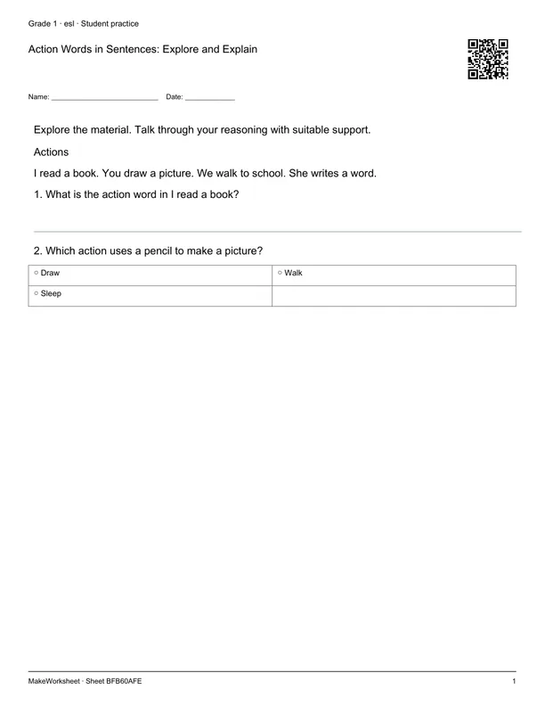 Action Words in Sentences: Explore and Explain: first student practice page