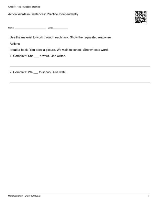 Action Words in Sentences: Practice Independently: first student practice page