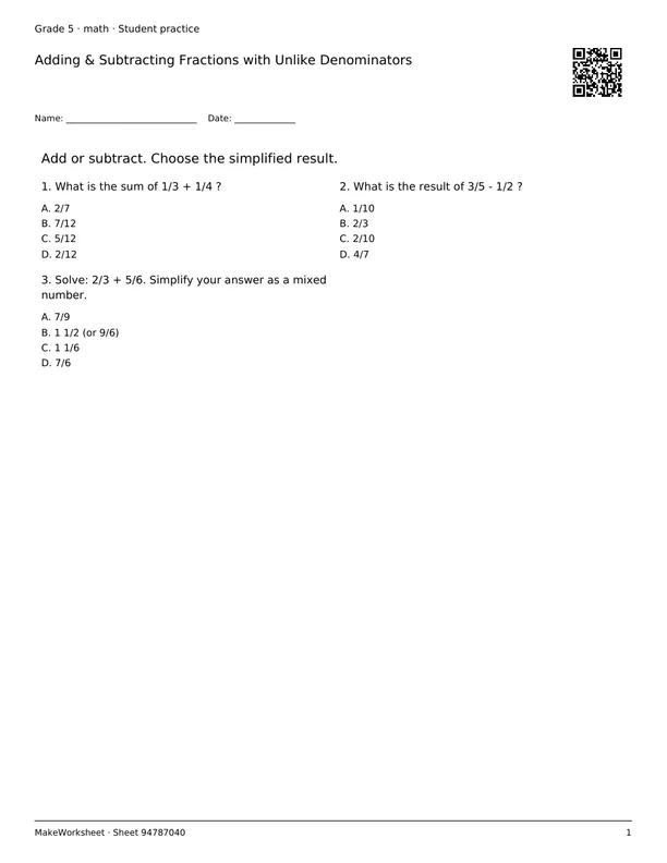 Adding & Subtracting Fractions with Unlike Denominators: first student practice page