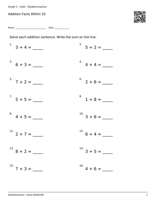 Addition Facts Within 10: first student practice page