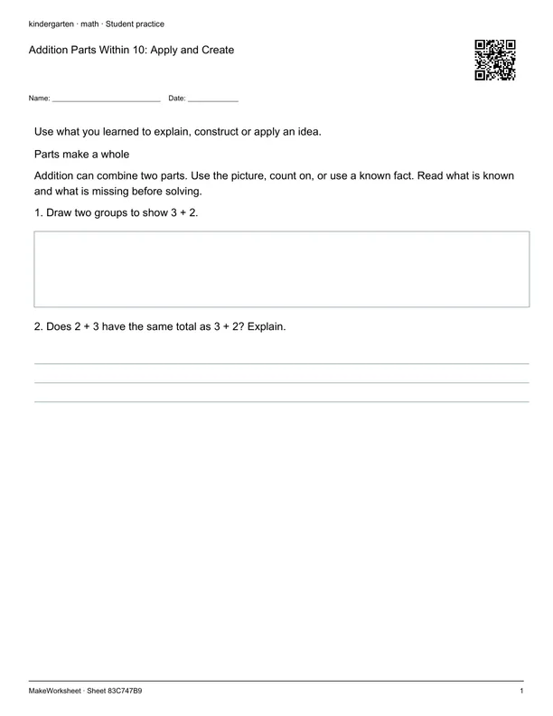 Addition Parts Within 10: Apply and Create: first student practice page