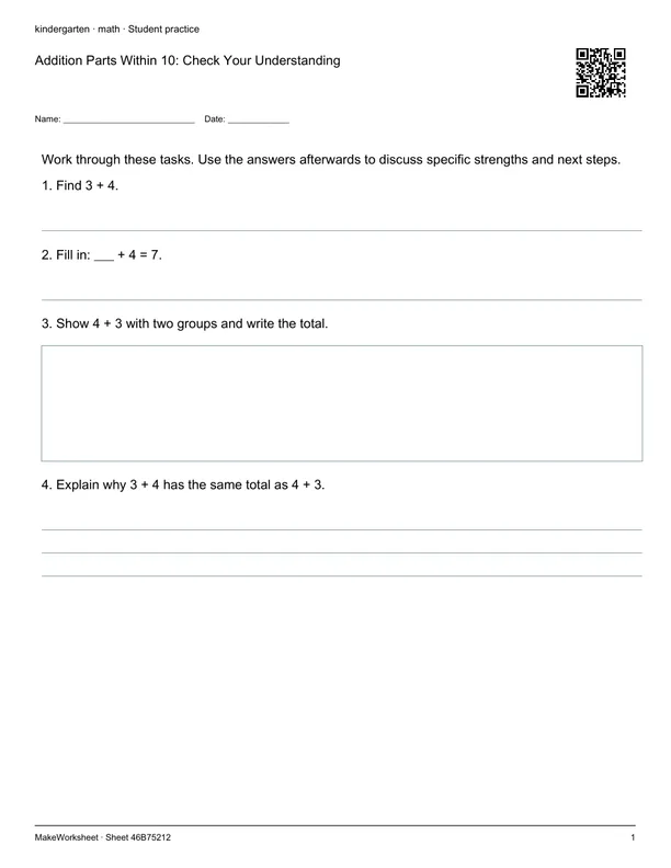 Addition Parts Within 10: Check Your Understanding: first student practice page