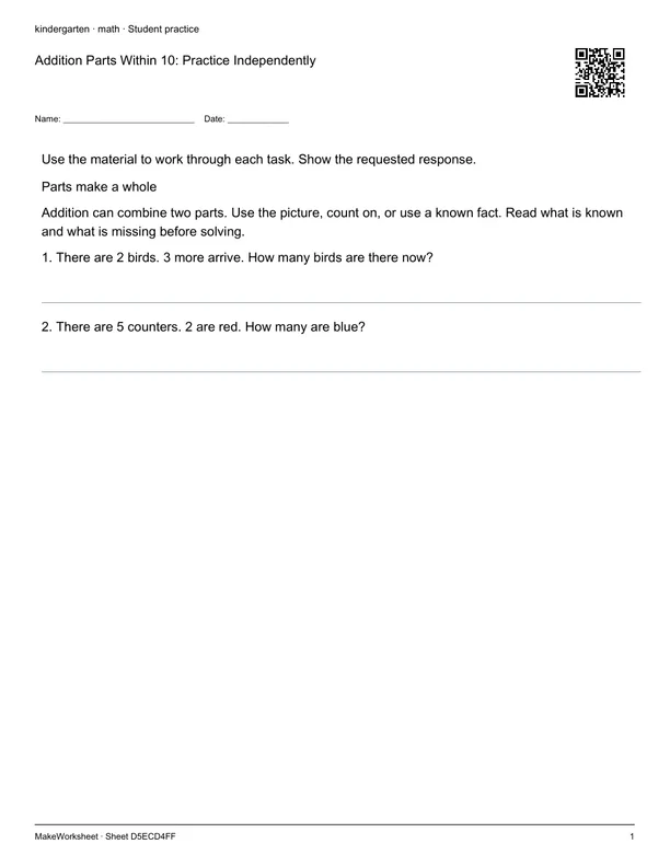 Addition Parts Within 10: Practice Independently: first student practice page