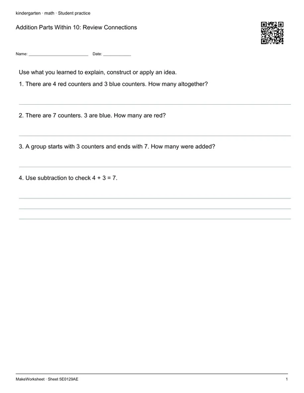Addition Parts Within 10: Review Connections: first student practice page