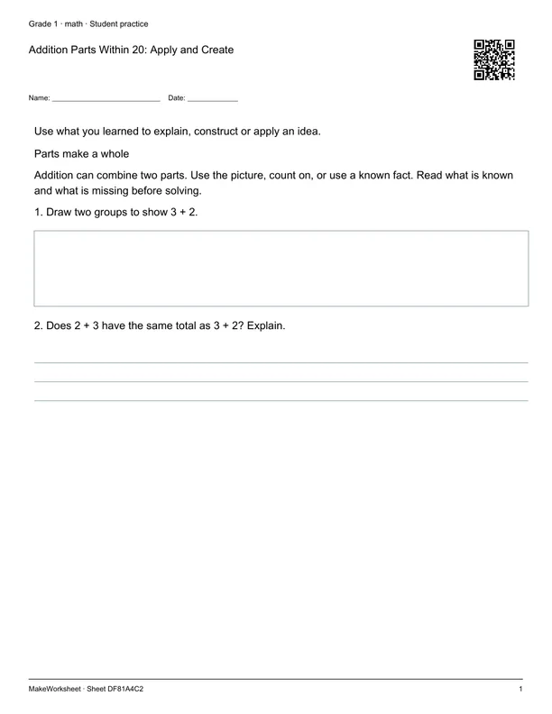 Addition Parts Within 20: Apply and Create: first student practice page