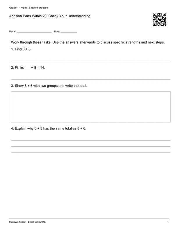 Addition Parts Within 20: Check Your Understanding: first student practice page