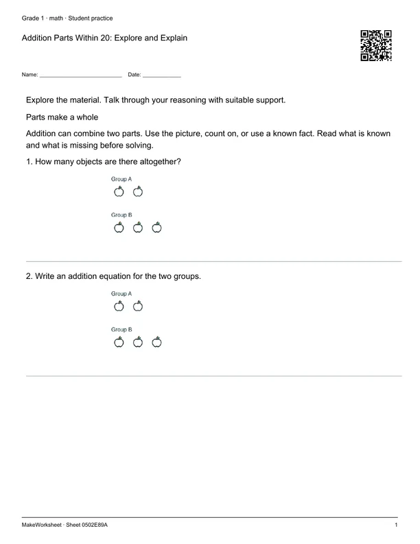 Addition Parts Within 20: Explore and Explain: first student practice page