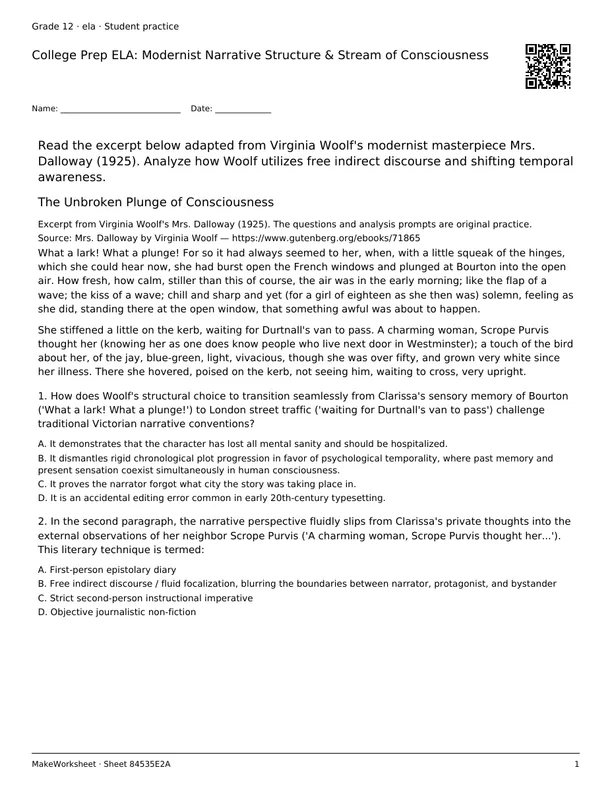 College Prep ELA: Modernist Narrative Structure & Stream of Consciousness: first student practice page