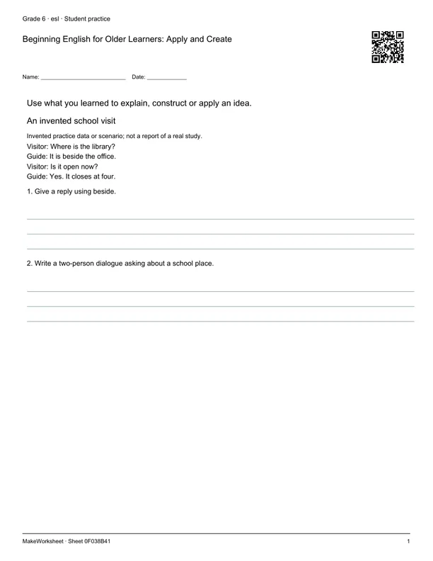 Beginning English for Older Learners: Apply and Create: first student practice page