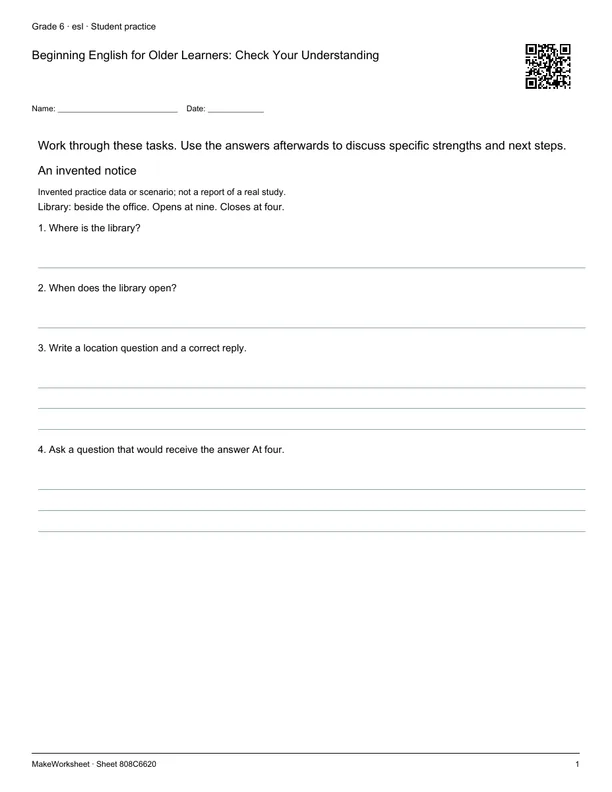 Beginning English for Older Learners: Check Your Understanding: first student practice page