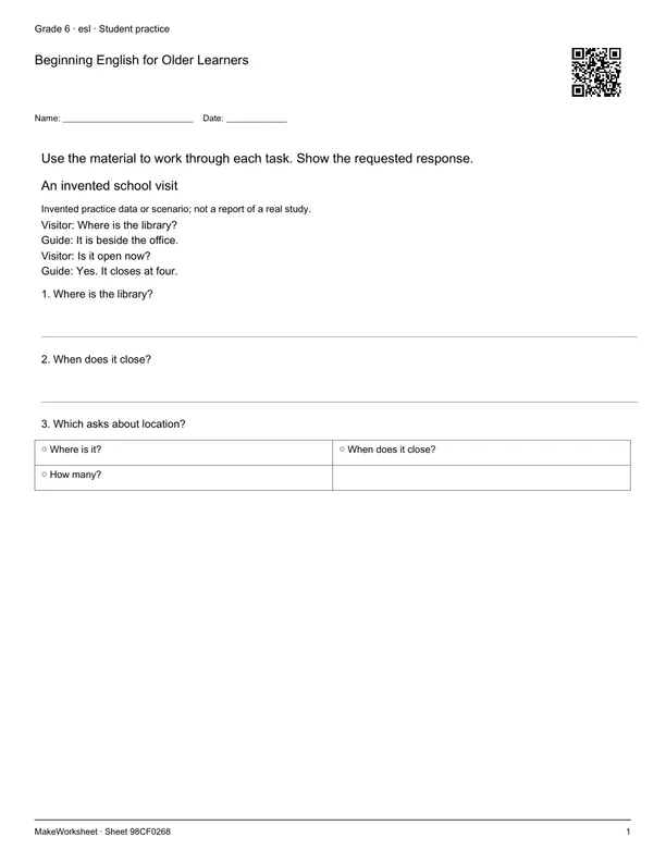 Beginning English for Older Learners: first student practice page