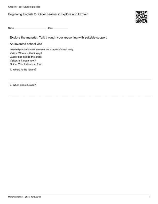 Beginning English for Older Learners: Explore and Explain: first student practice page