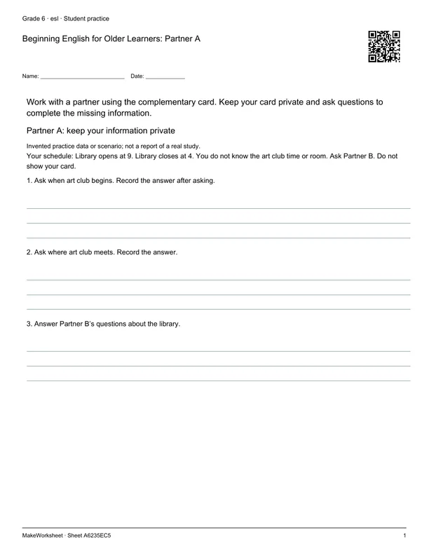 Beginning English for Older Learners: Partner A: first student practice page