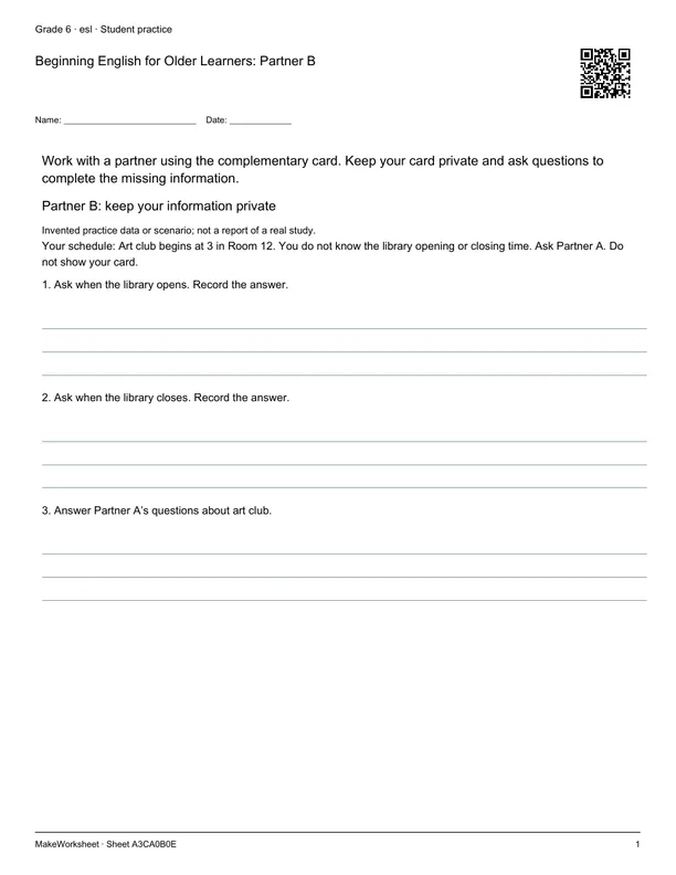 Beginning English for Older Learners: Partner B: first student practice page