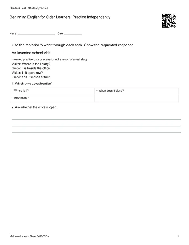 Beginning English for Older Learners: Practice Independently: first student practice page