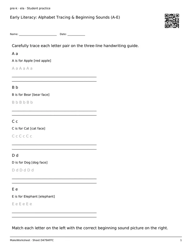 Early Literacy: Alphabet Tracing & Beginning Sounds (A-E): first student practice page