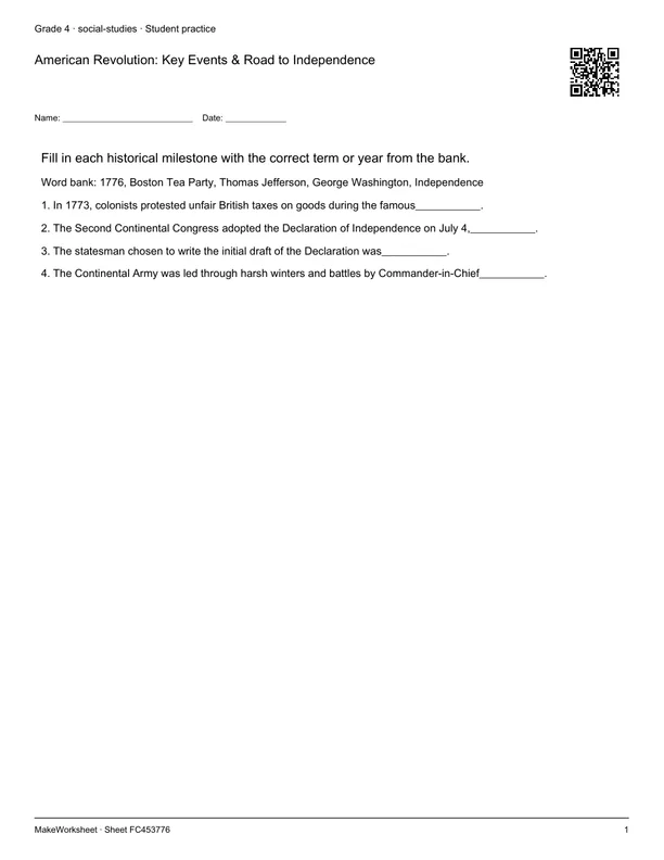 American Revolution: Key Events & Road to Independence: first student practice page