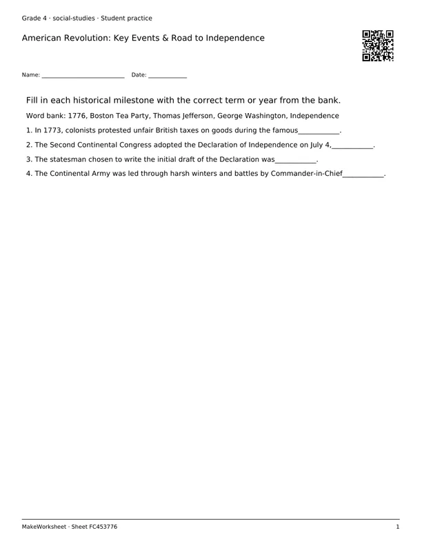 American Revolution: Key Events & Road to Independence: first student practice page