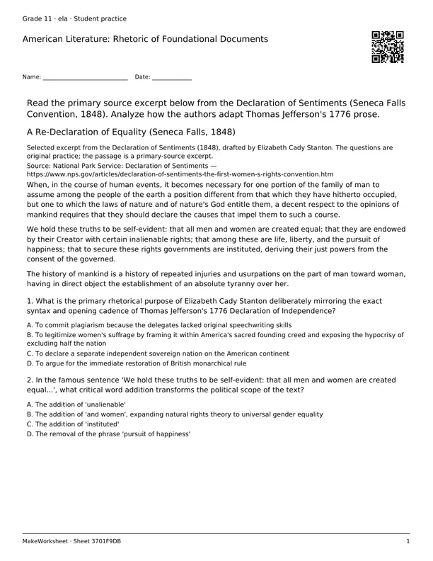 American Literature: Rhetoric of Foundational Documents: first student practice page