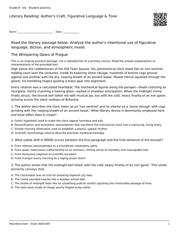 Literary Reading: Author's Craft, Figurative Language & Tone: first student practice page