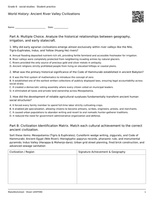 World History: Ancient River Valley Civilizations: first student practice page
