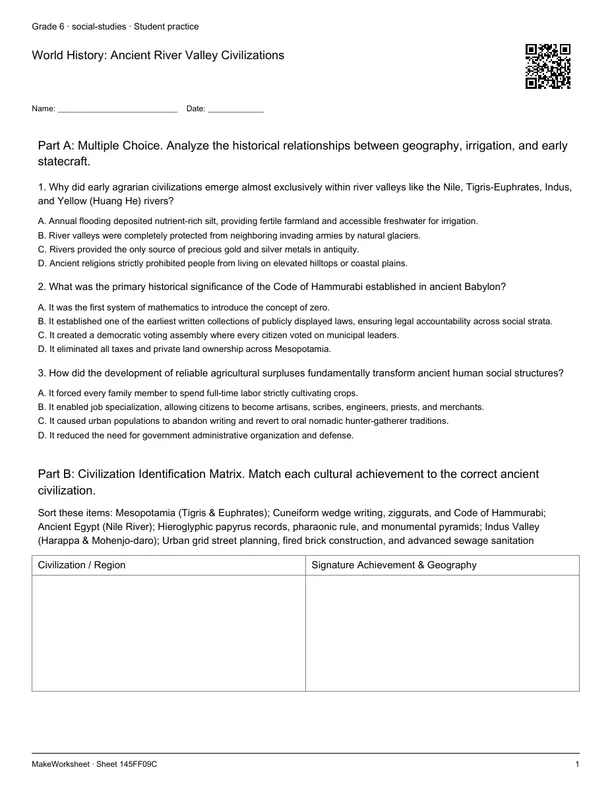 World History: Ancient River Valley Civilizations: first student practice page