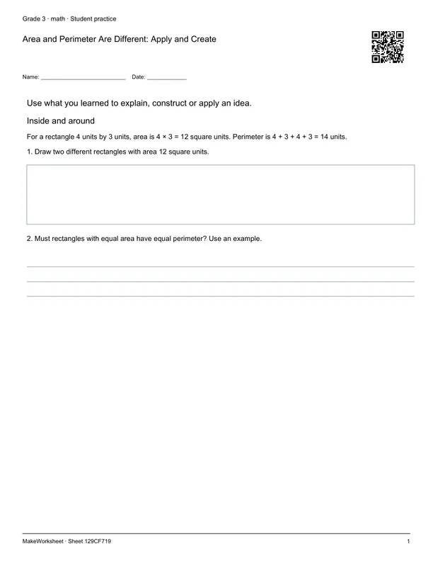 Area and Perimeter Are Different: Apply and Create: first student practice page
