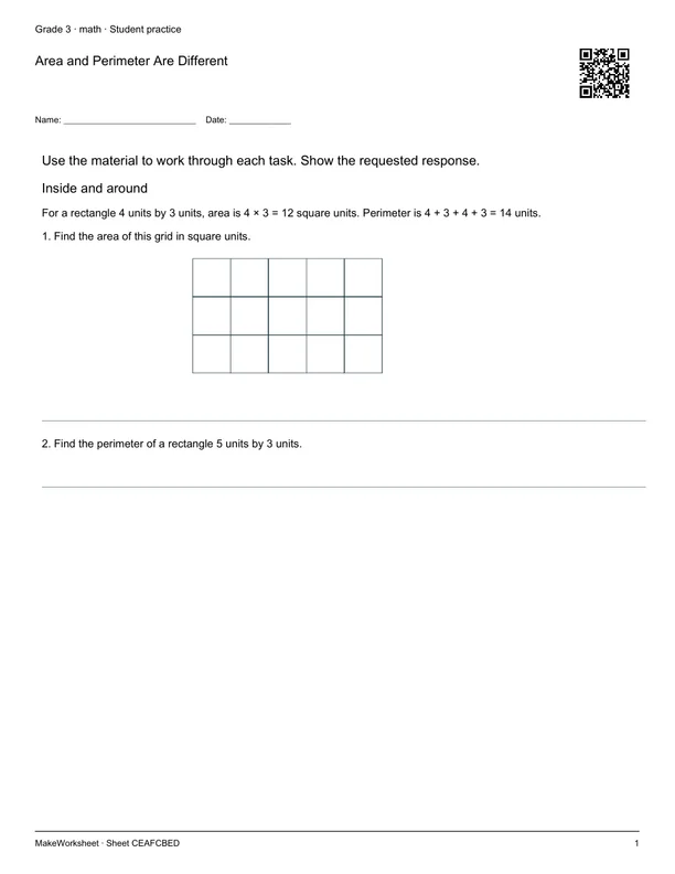 Area and Perimeter Are Different: first student practice page