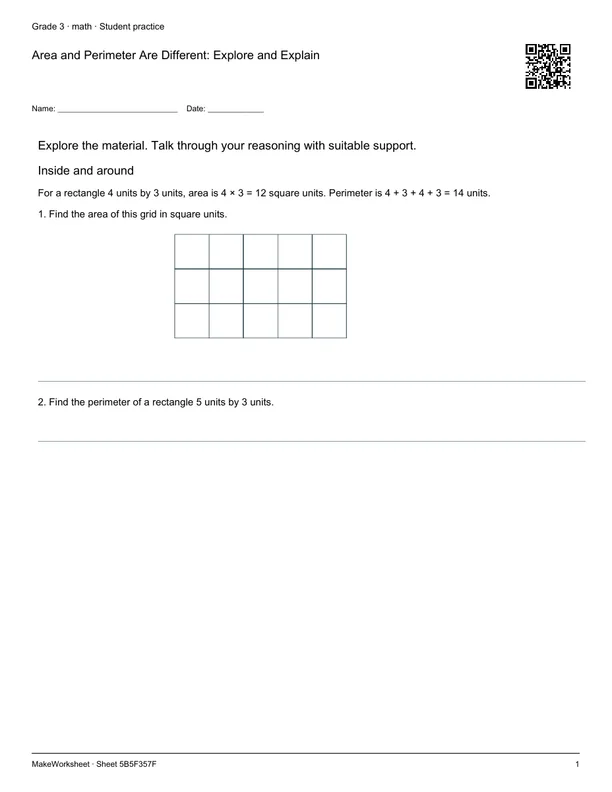 Area and Perimeter Are Different: Explore and Explain: first student practice page