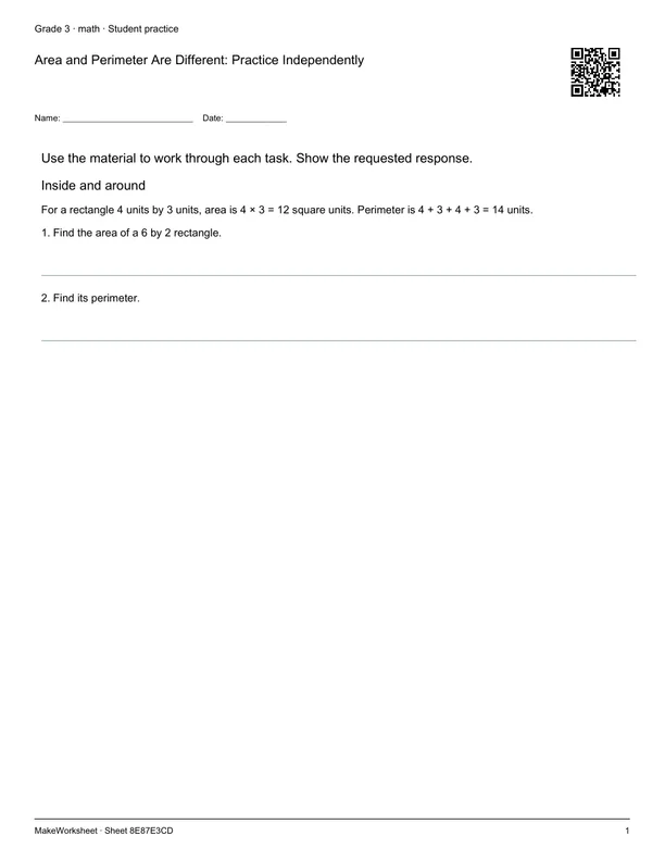 Area and Perimeter Are Different: Practice Independently: first student practice page