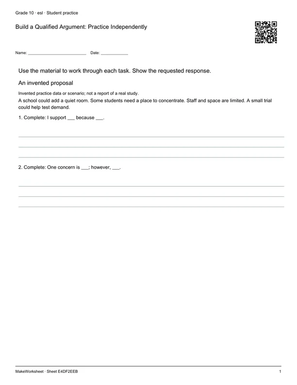 Build a Qualified Argument: Practice Independently: first student practice page