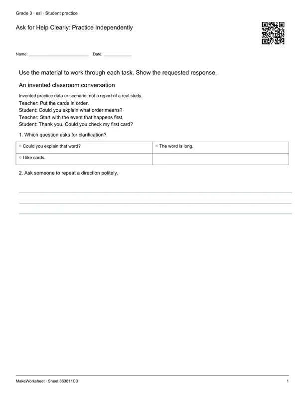 Ask for Help Clearly: Practice Independently: first student practice page