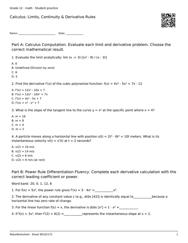 Calculus: Limits, Continuity & Derivative Rules: first student practice page