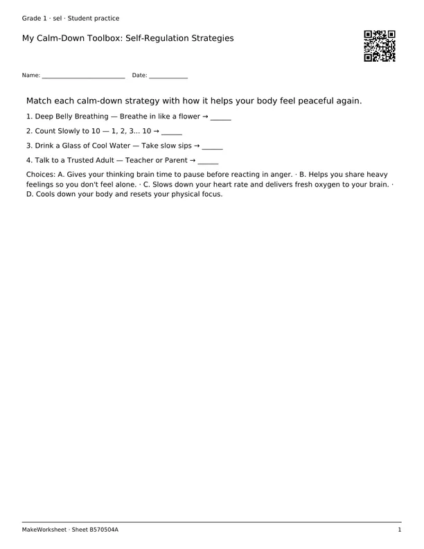 My Calm-Down Toolbox: Self-Regulation Strategies: first student practice page