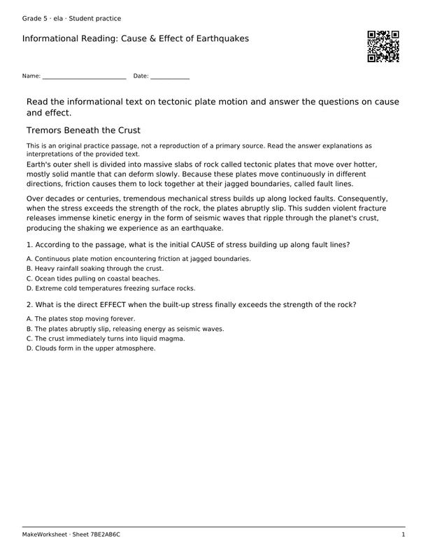 Informational Reading: Cause & Effect of Earthquakes: first student practice page