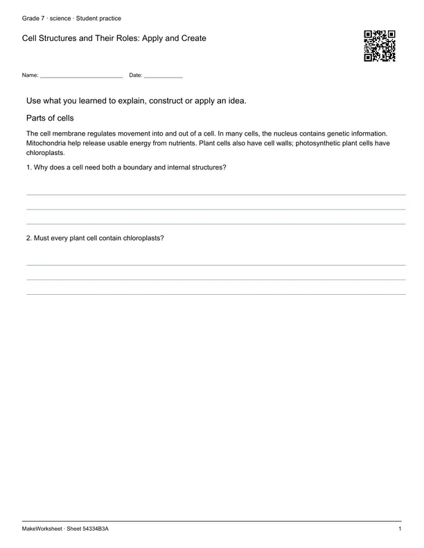 Cell Structures and Their Roles: Apply and Create: first student practice page