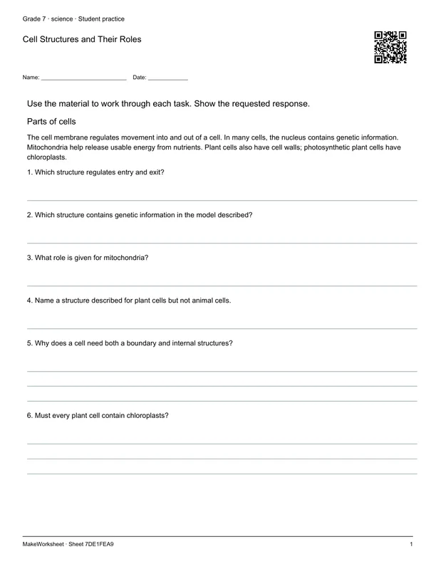 Cell Structures and Their Roles: first student practice page
