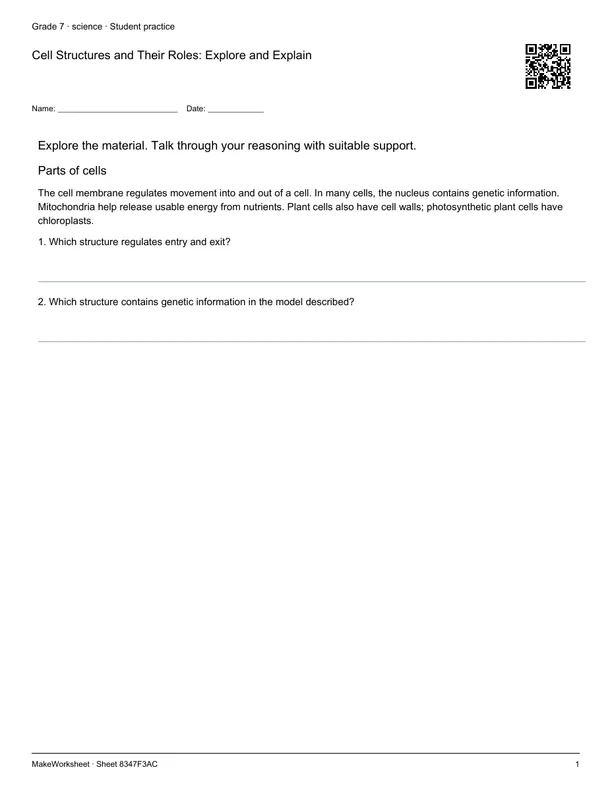 Cell Structures and Their Roles: Explore and Explain: first student practice page