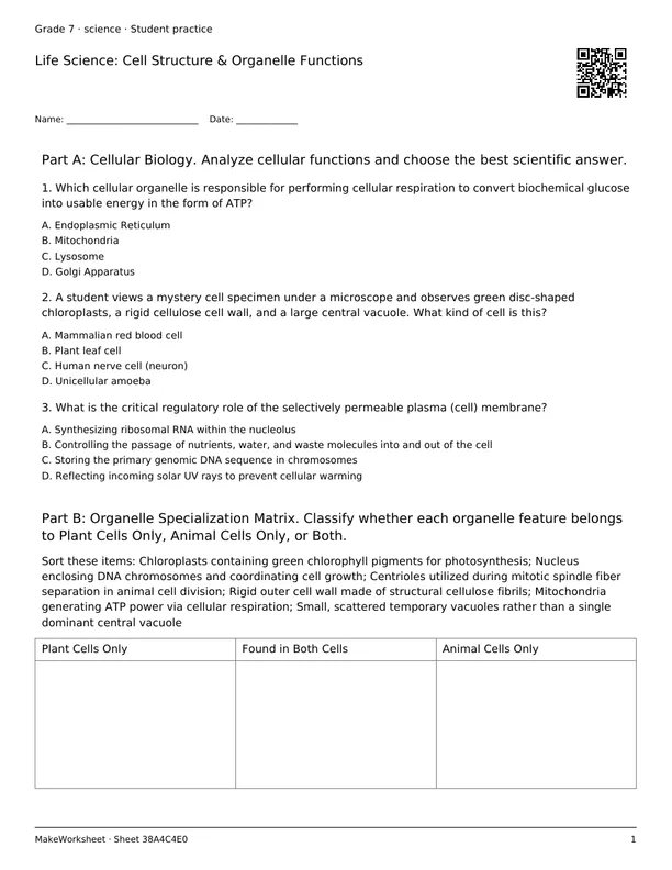 Life Science: Cell Structure & Organelle Functions: first student practice page