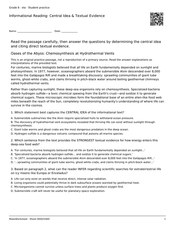 Informational Reading: Central Idea & Textual Evidence: first student practice page