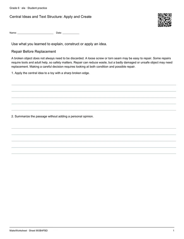 Central Ideas and Text Structure: Apply and Create: first student practice page